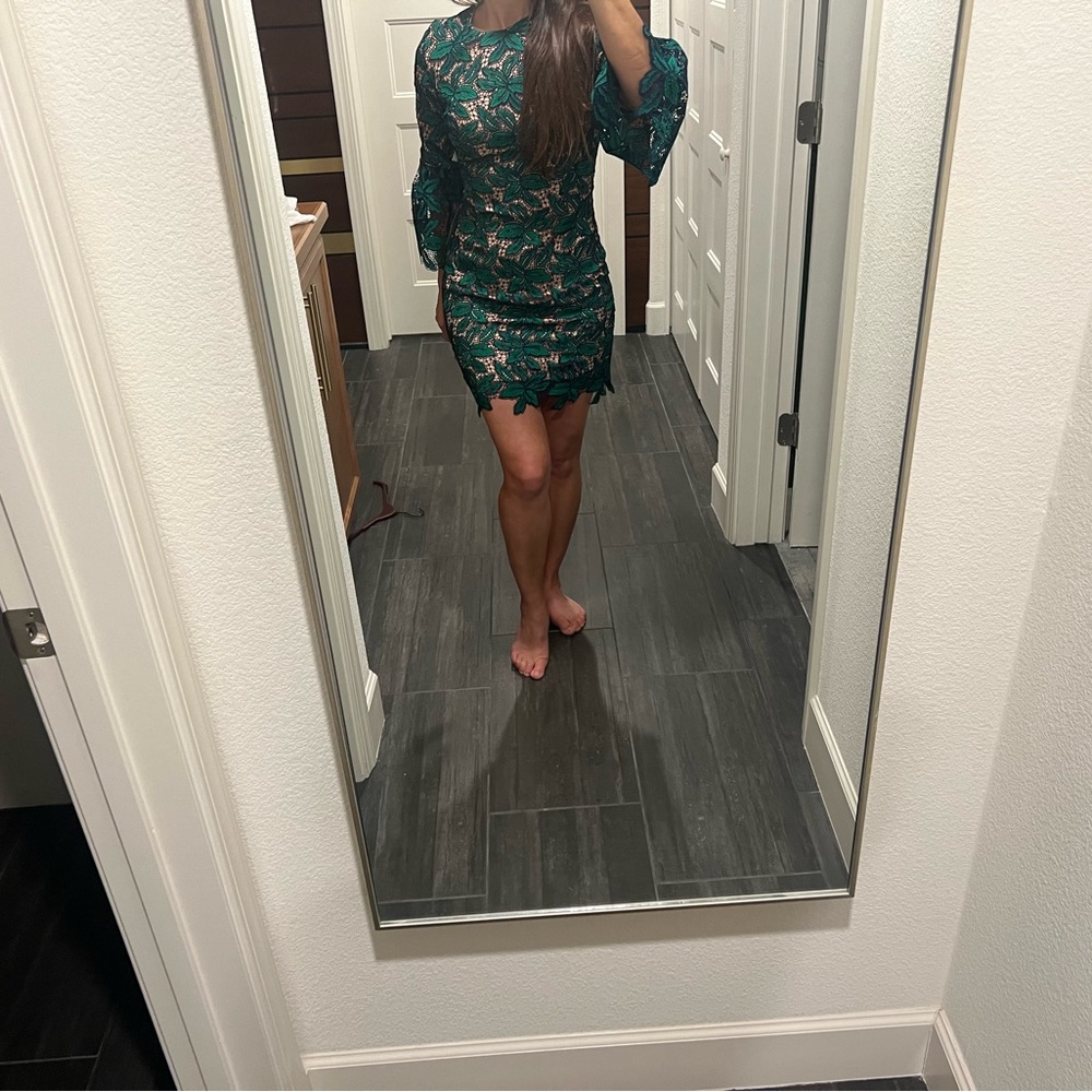 Dress the Population Lace Mini Cocktail Dress (Green/Navy) - Picture 8 of 13
